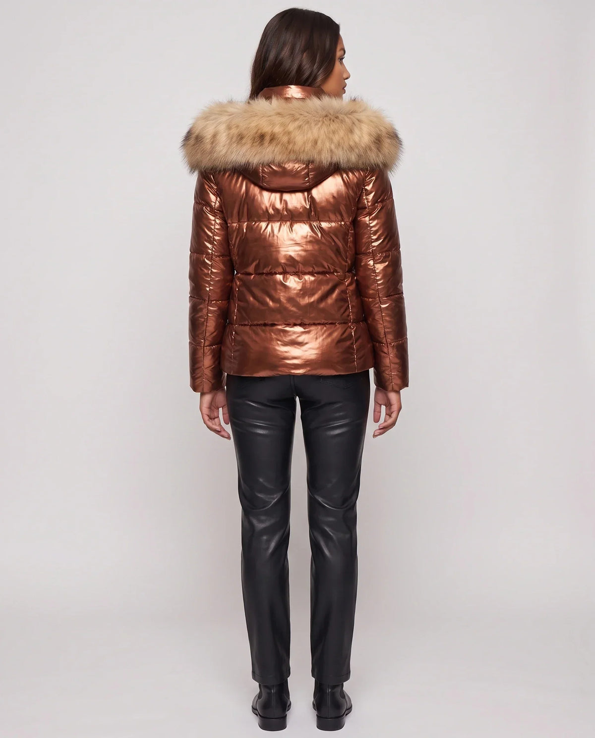 Short Shiny Puffer Jacket with Faux Fur Hood