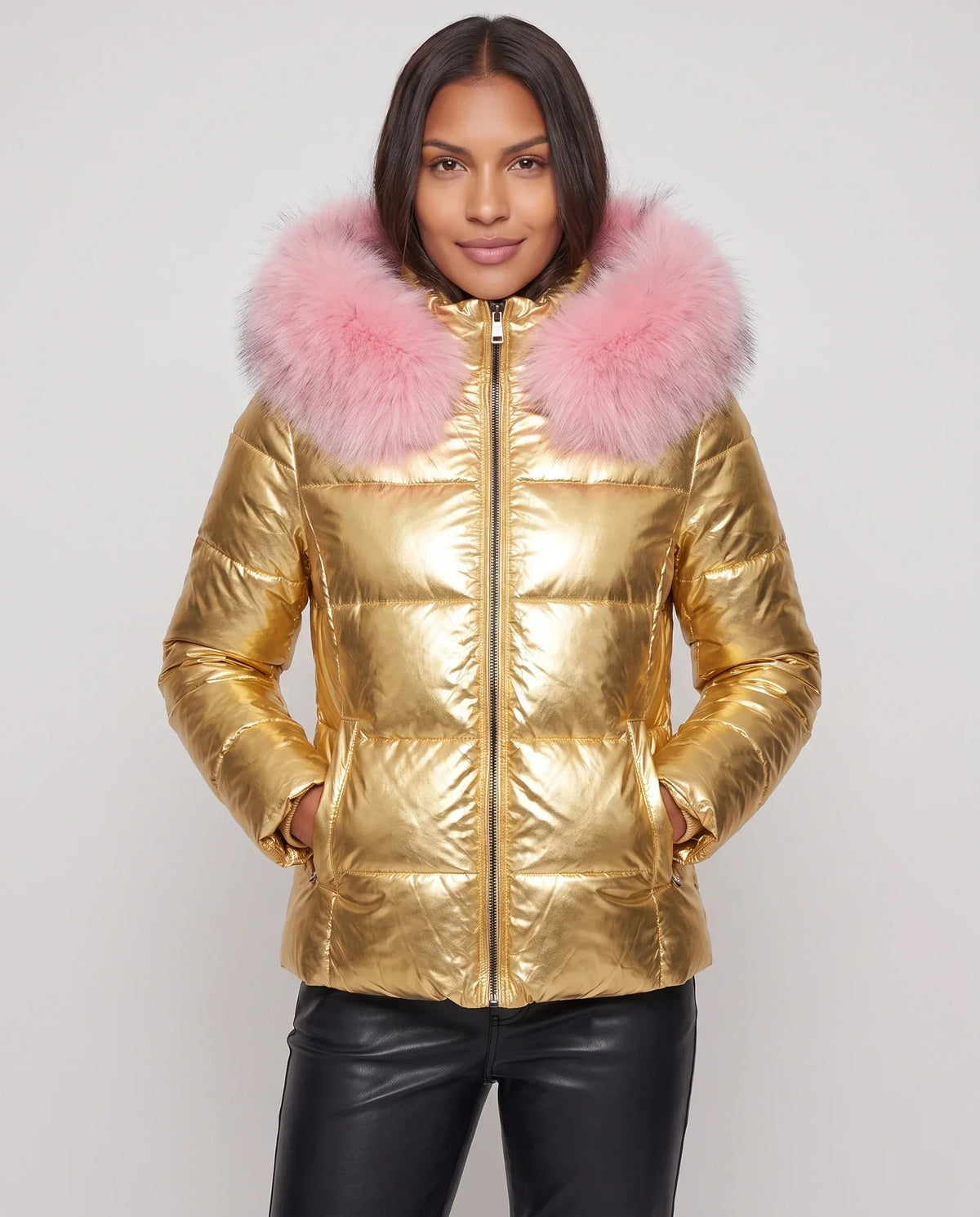 Short Shiny Puffer Jacket with Faux Fur Hood