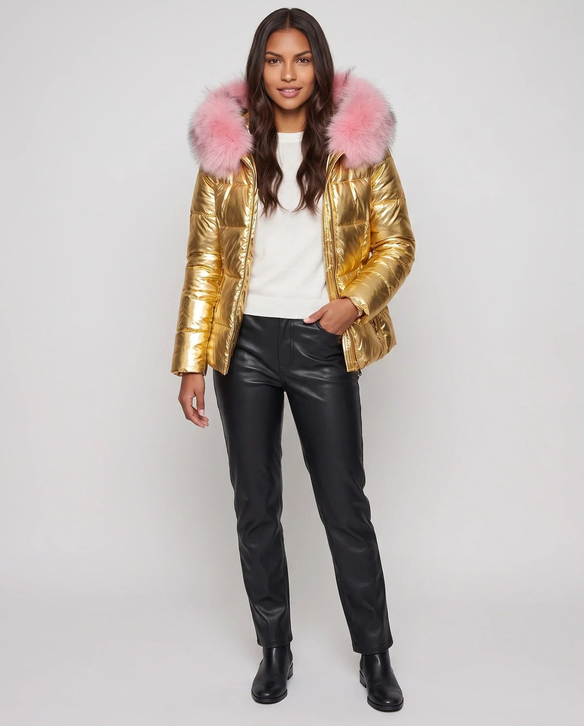 Short Shiny Puffer Jacket with Faux Fur Hood