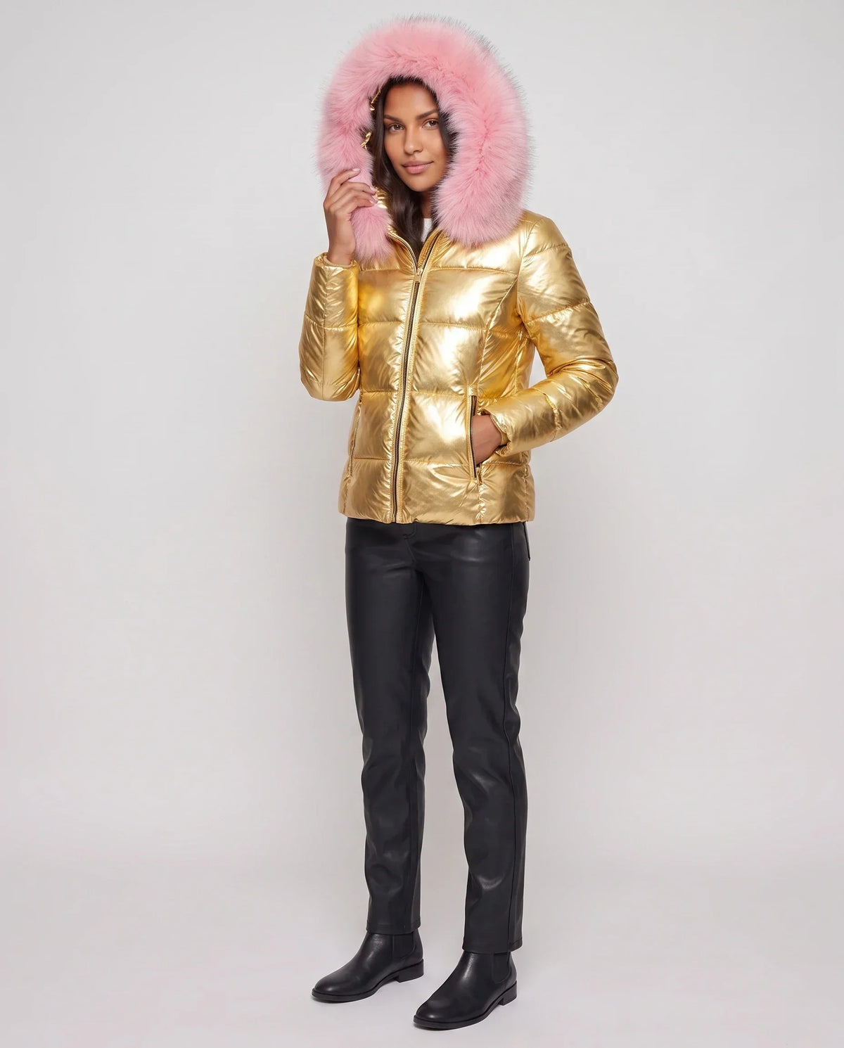 Short Shiny Puffer Jacket with Faux Fur Hood