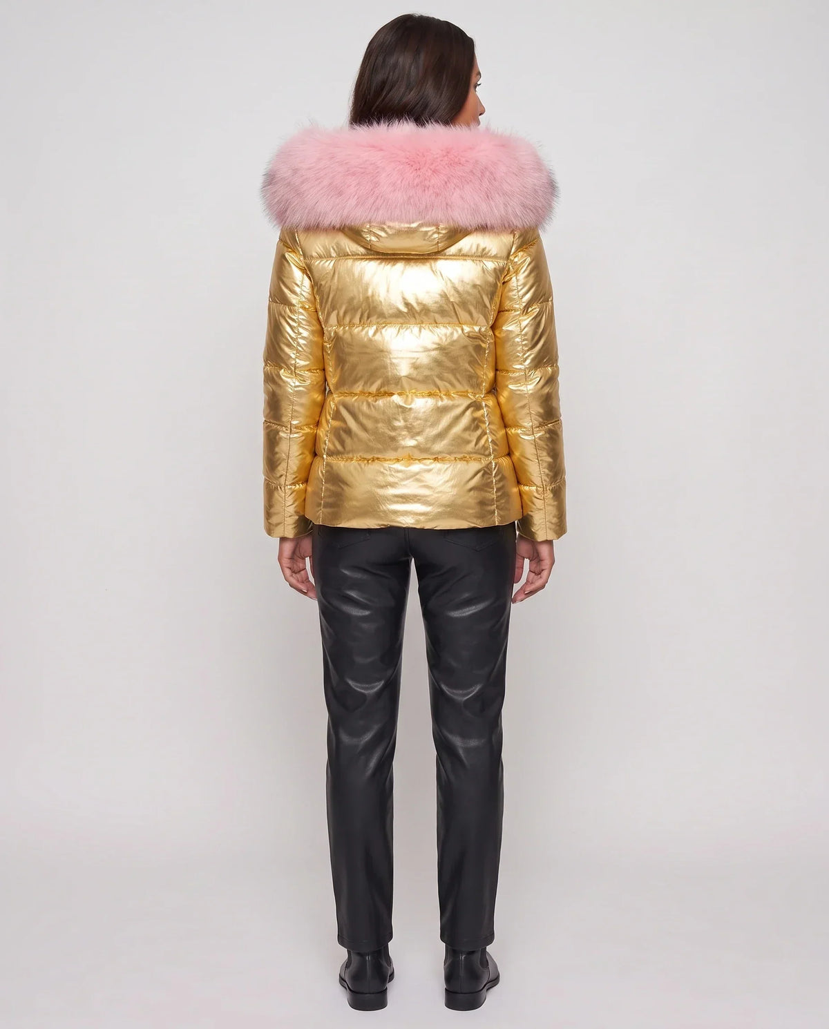 Short Shiny Puffer Jacket with Faux Fur Hood