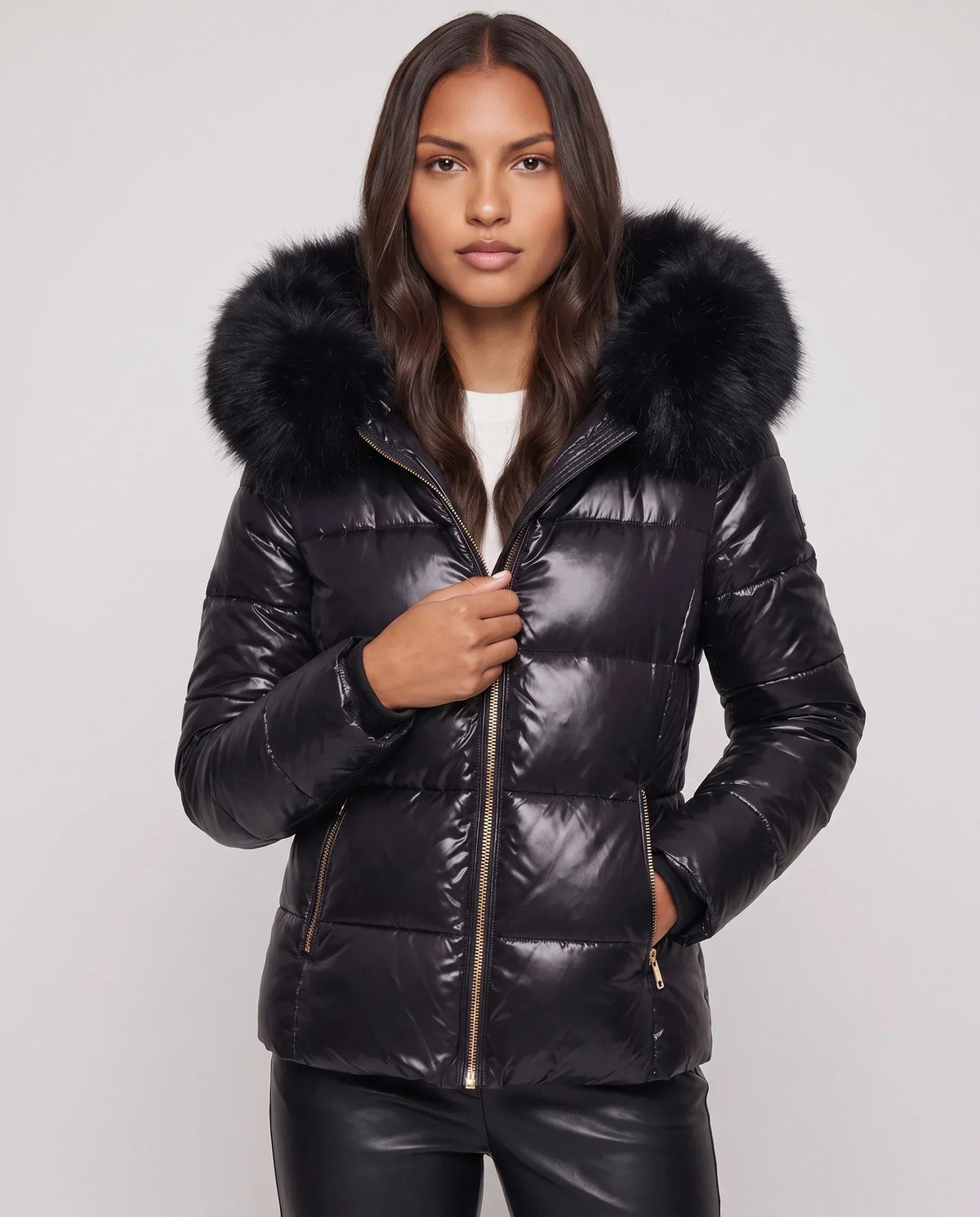 Short Shiny Puffer Jacket with Faux Fur Hood