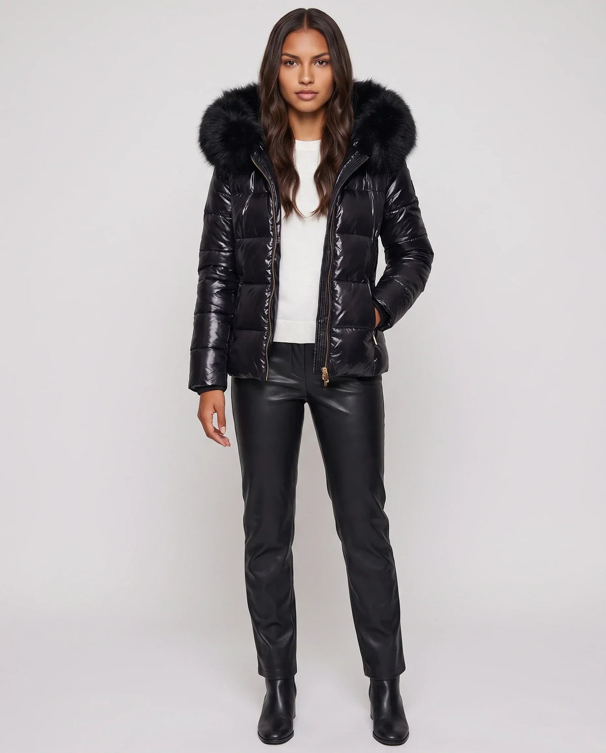 Short Shiny Puffer Jacket with Faux Fur Hood