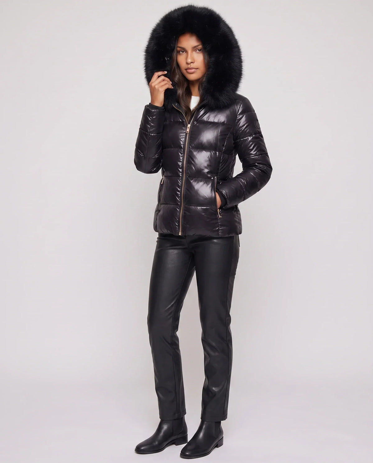Short Shiny Puffer Jacket with Faux Fur Hood