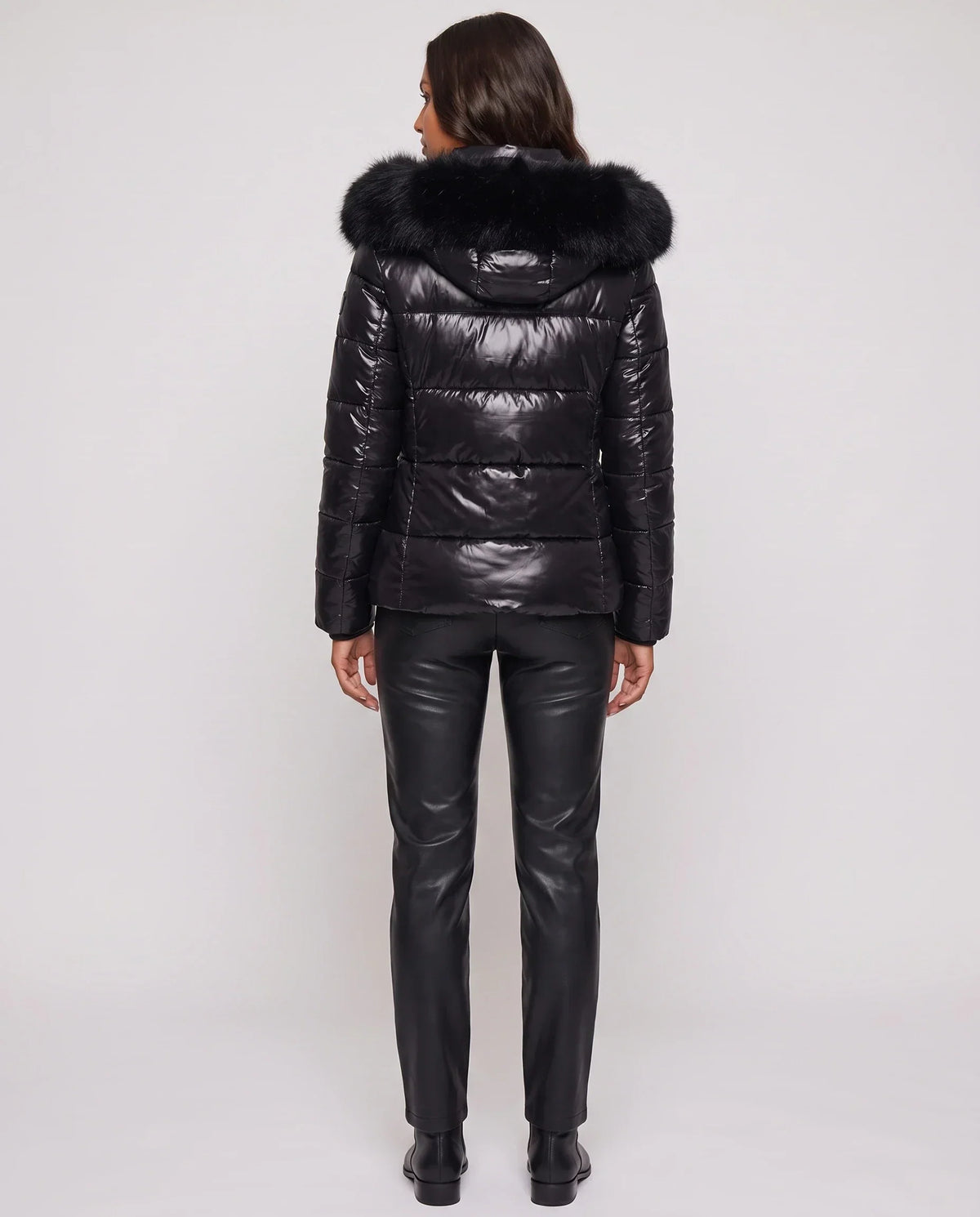 Short Shiny Puffer Jacket with Faux Fur Hood