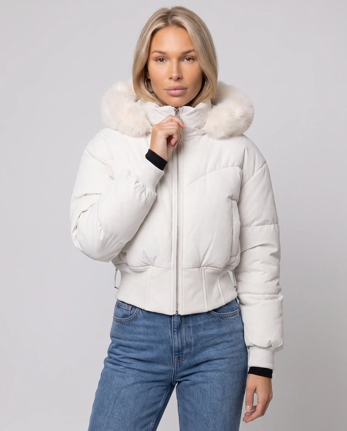 Short Puffer Jacket with Faux Fur Hood