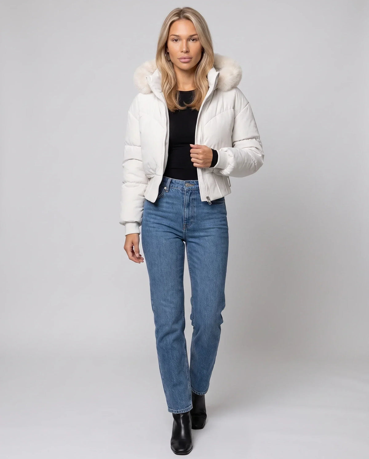 Short Puffer Jacket with Faux Fur Hood