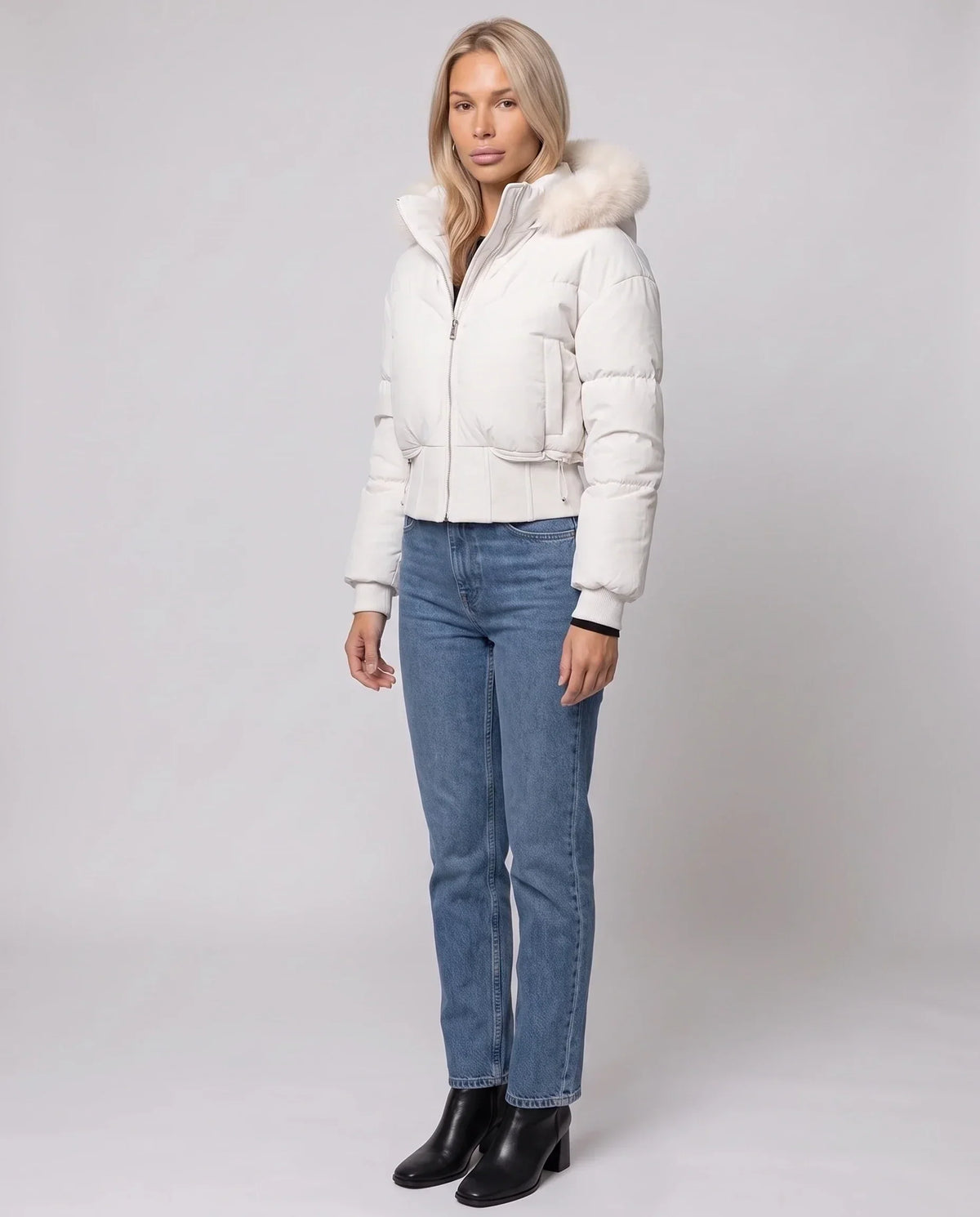 Short Puffer Jacket with Faux Fur Hood