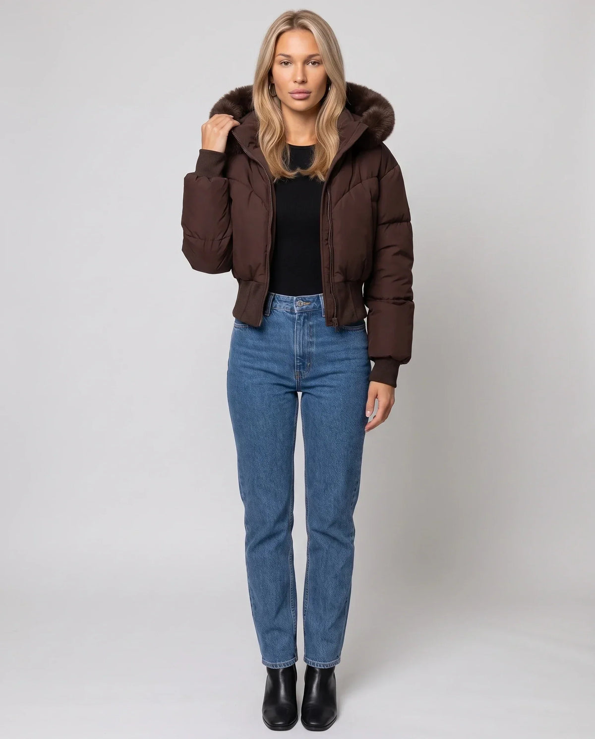 Short Puffer Jacket with Faux Fur Hood