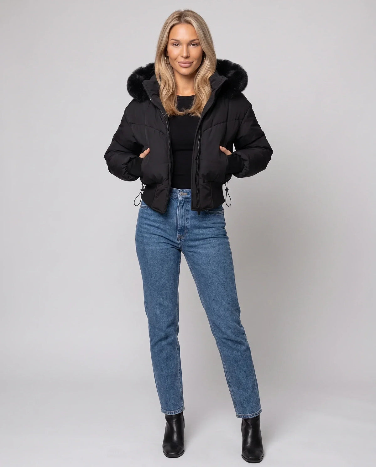 Short Puffer Jacket with Faux Fur Hood