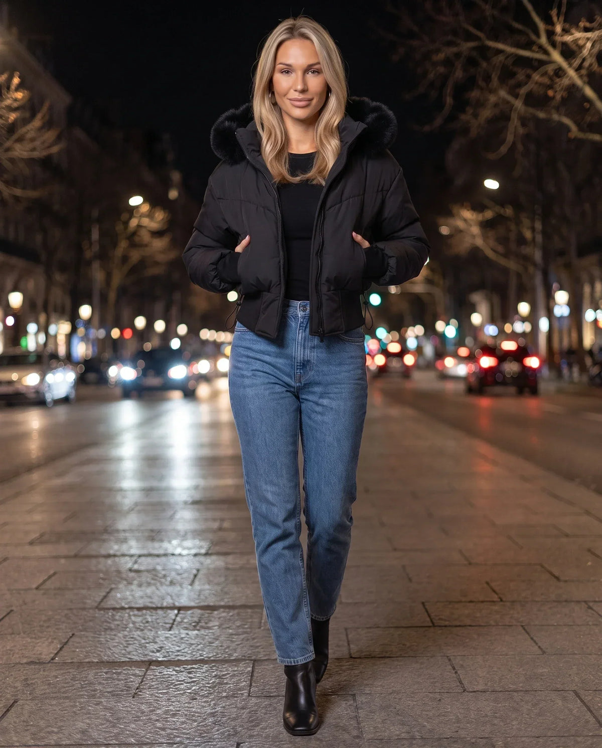 Short Puffer Jacket with Faux Fur Hood