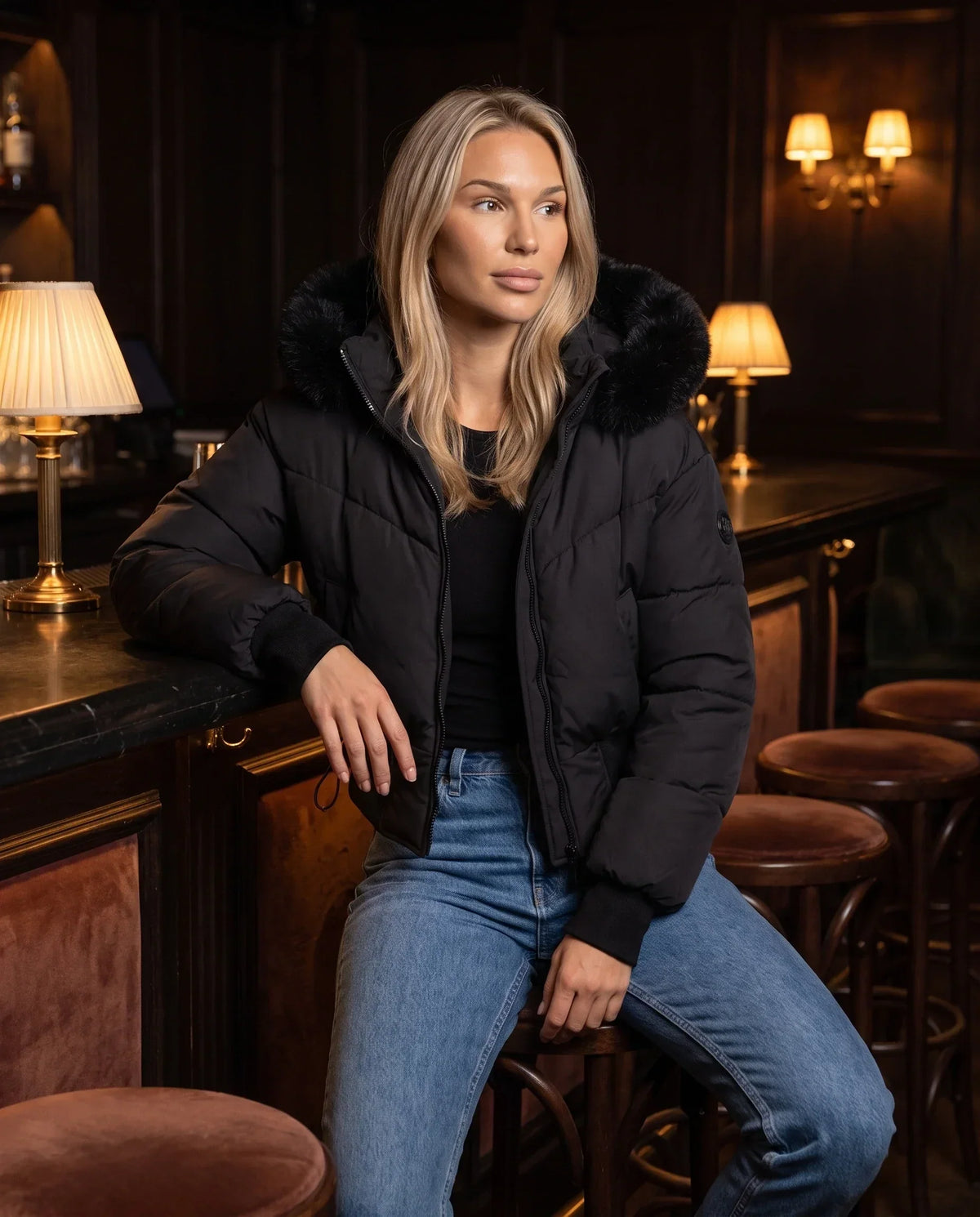 Short Puffer Jacket with Faux Fur Hood