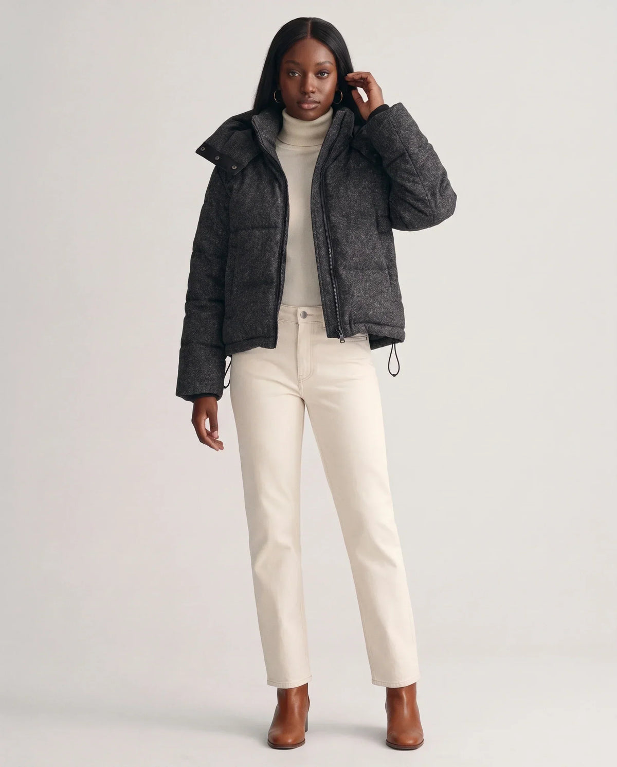 Short Oversized Marl Puffer Jacket with Detachable Hood