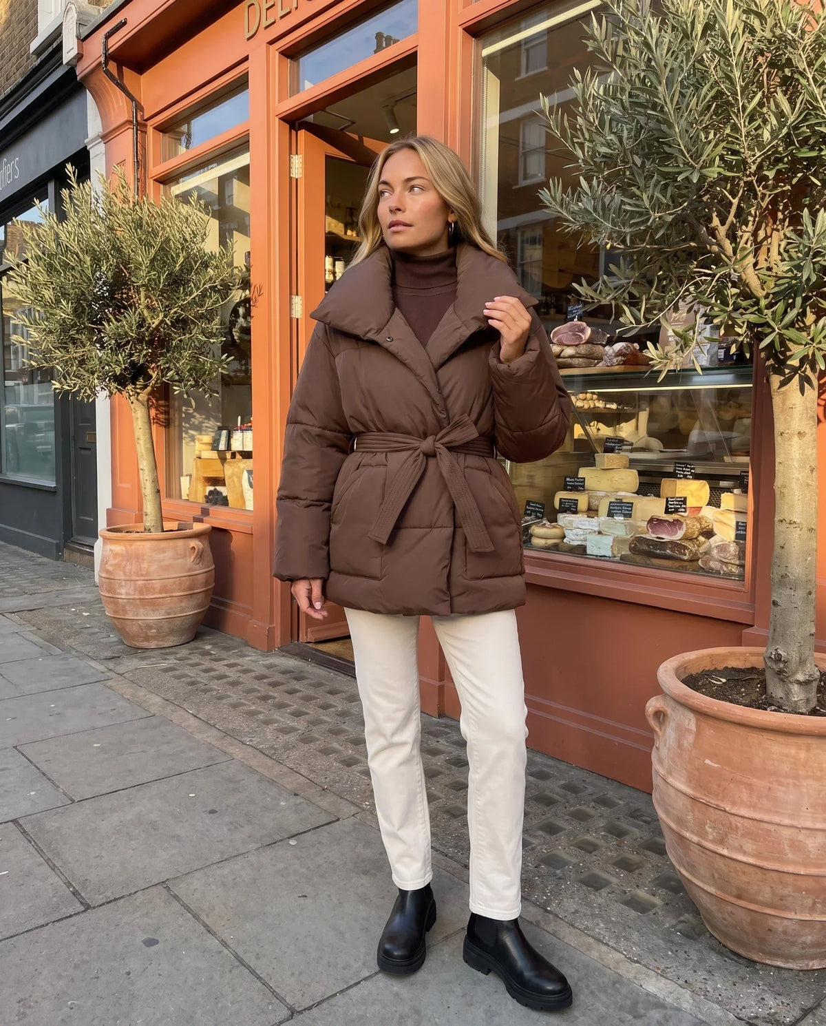 Oversized Mid-Thigh Puffer Jacket with Shawl Collar and Belt