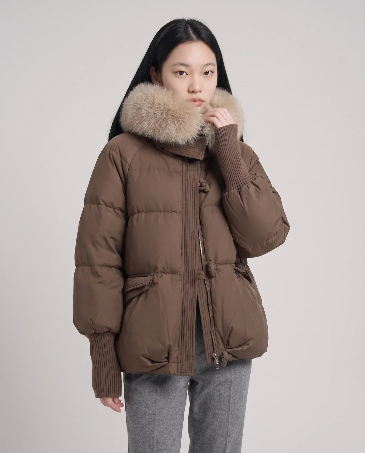 Short Puffer Jacket with Faux Fur Collar