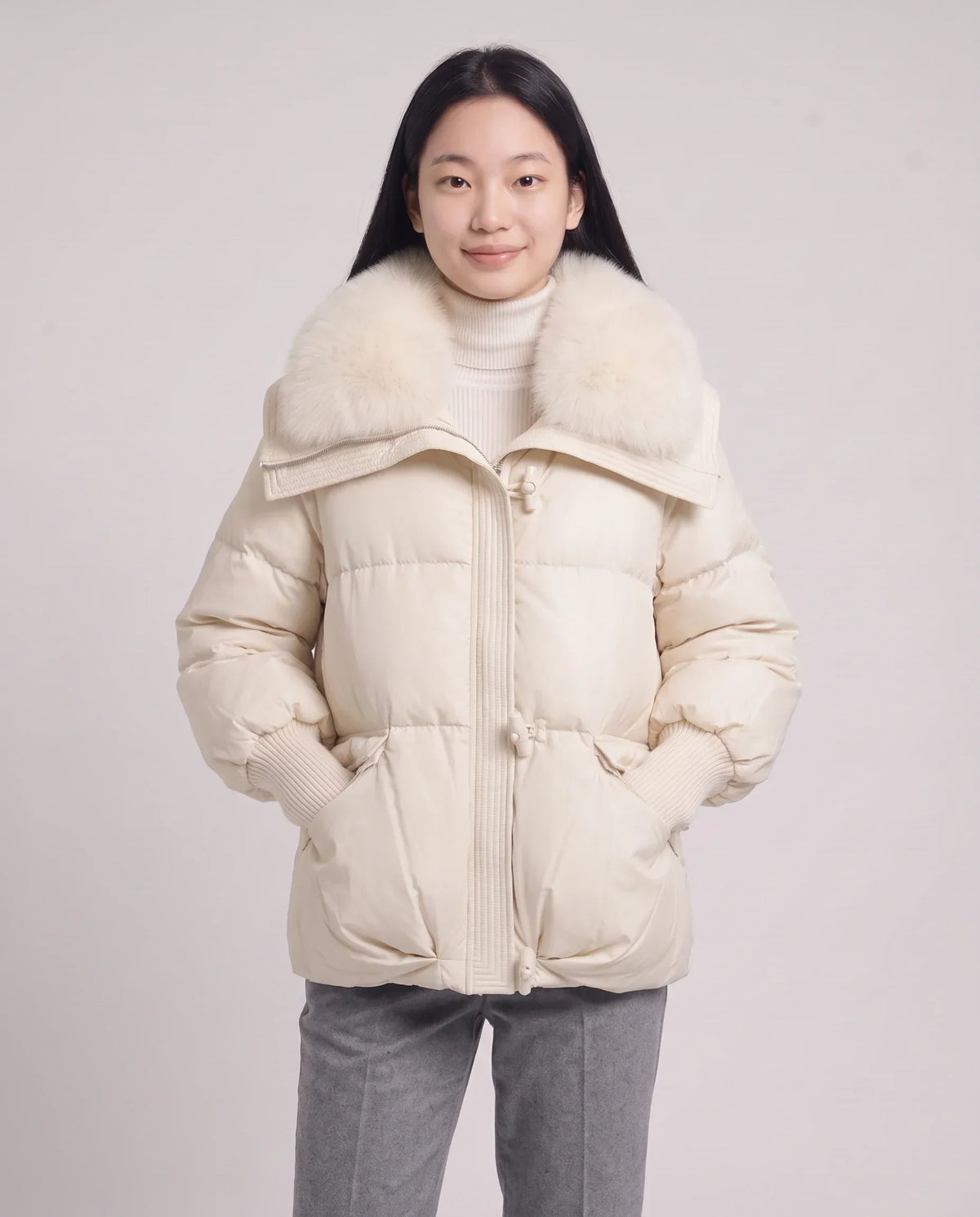 Short Puffer Jacket with Faux Fur Collar