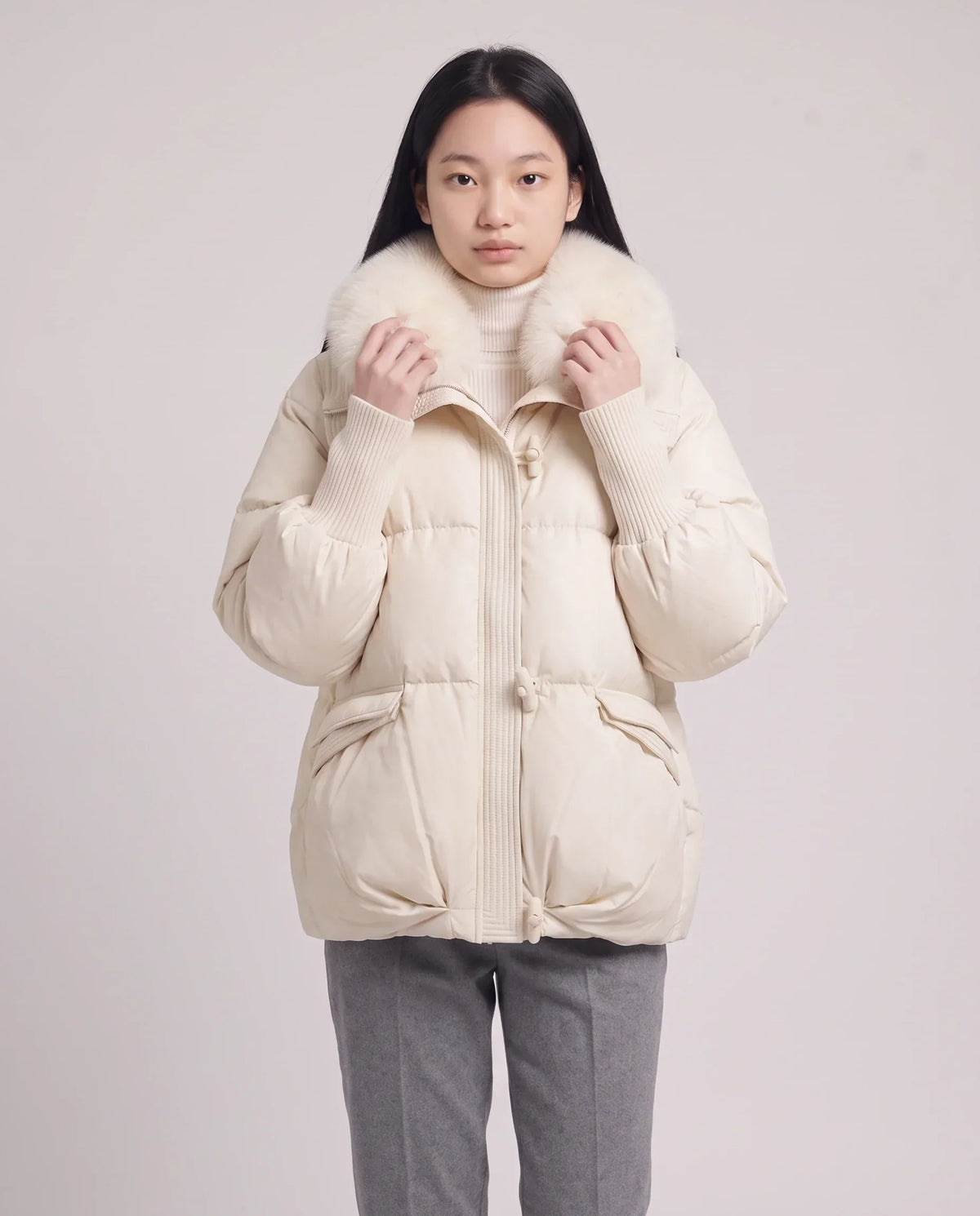 Short Puffer Jacket with Faux Fur Collar
