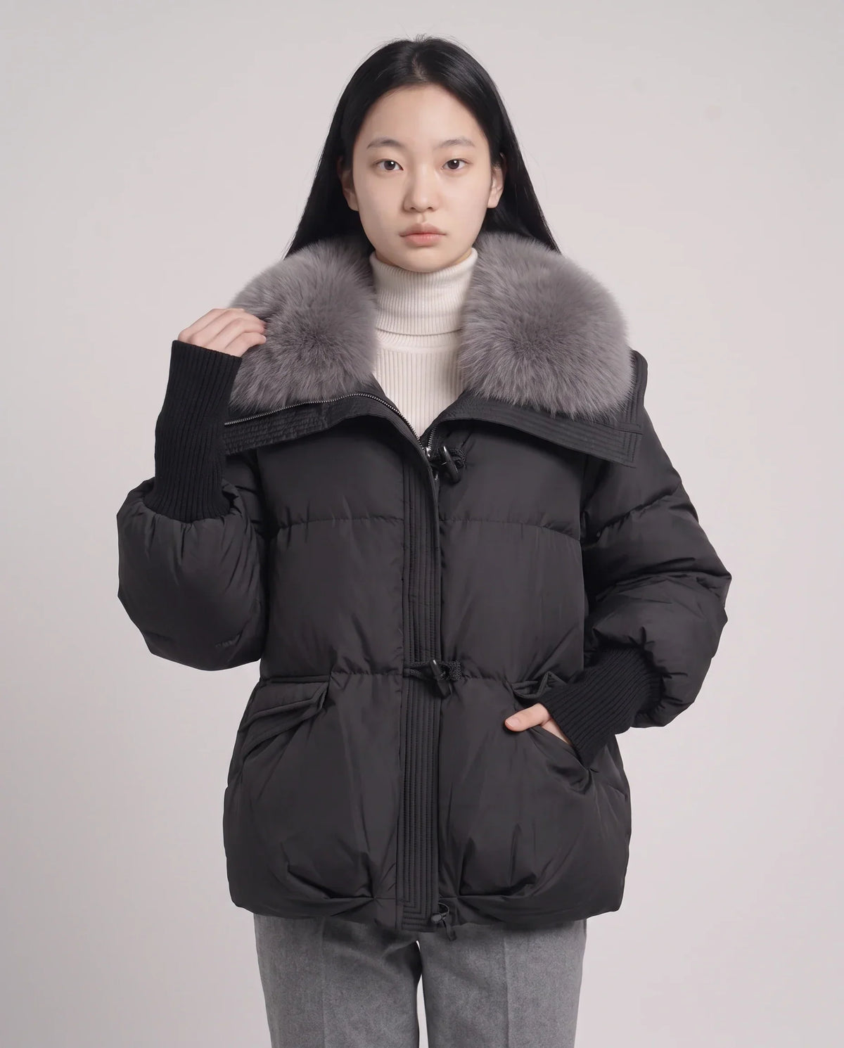 Short Puffer Jacket with Faux Fur Collar