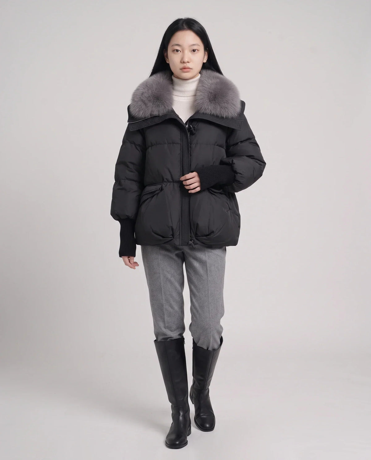 Short Puffer Jacket with Faux Fur Collar