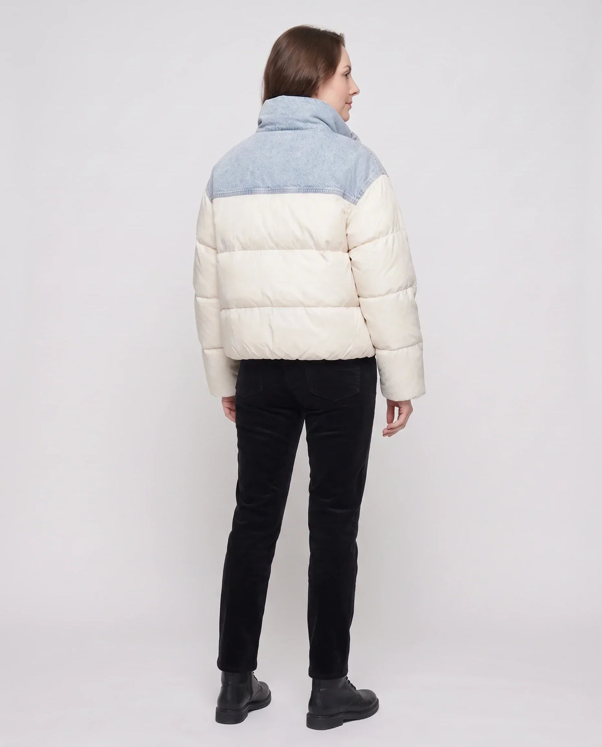 Short Oversized Puffer Jacket with Denim Panels