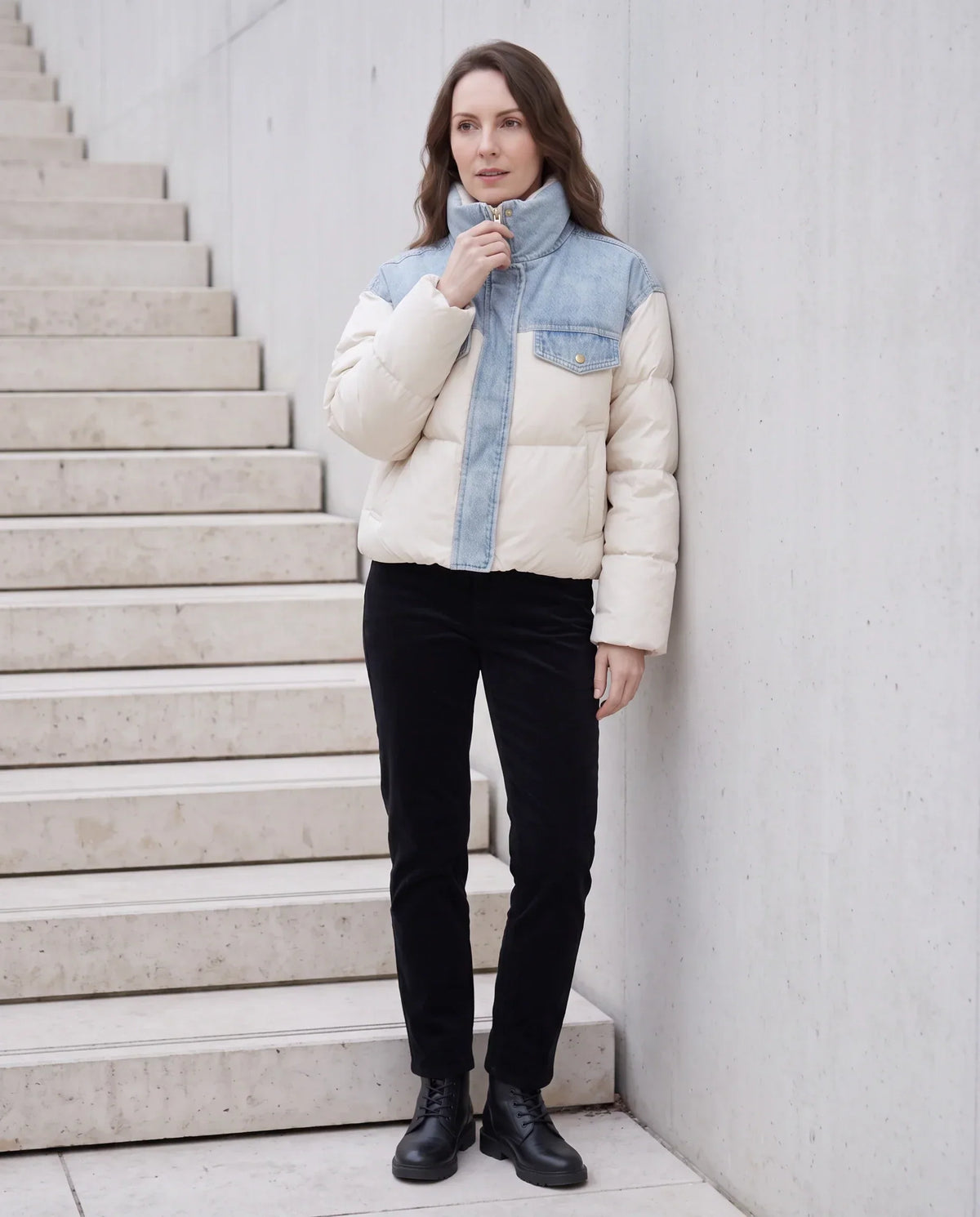Short Oversized Puffer Jacket with Denim Panels