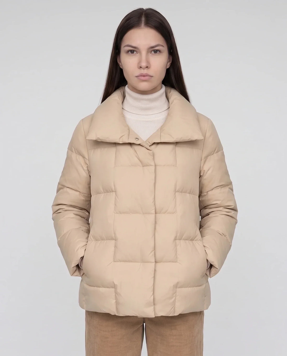 Short Puffer Jacket with Large Collar and Box Quilting