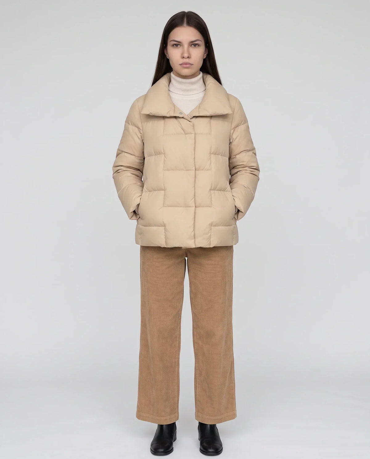 Short Puffer Jacket with Large Collar and Box Quilting