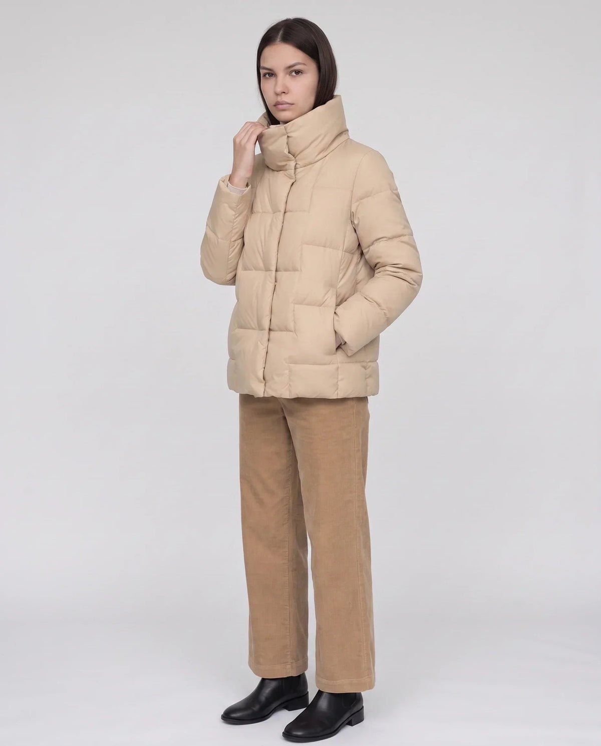 Short Puffer Jacket with Large Collar and Box Quilting