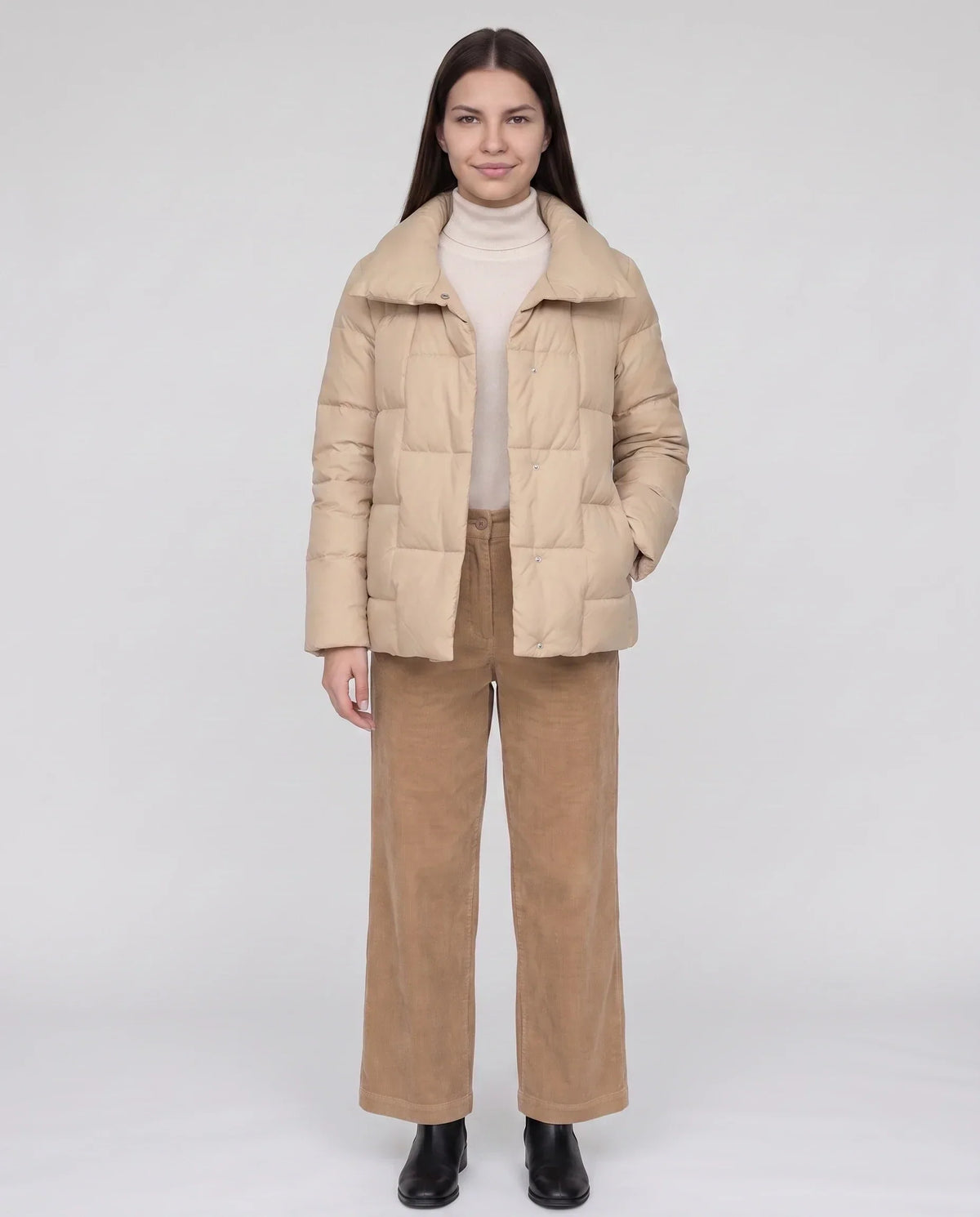 Short Puffer Jacket with Large Collar and Box Quilting