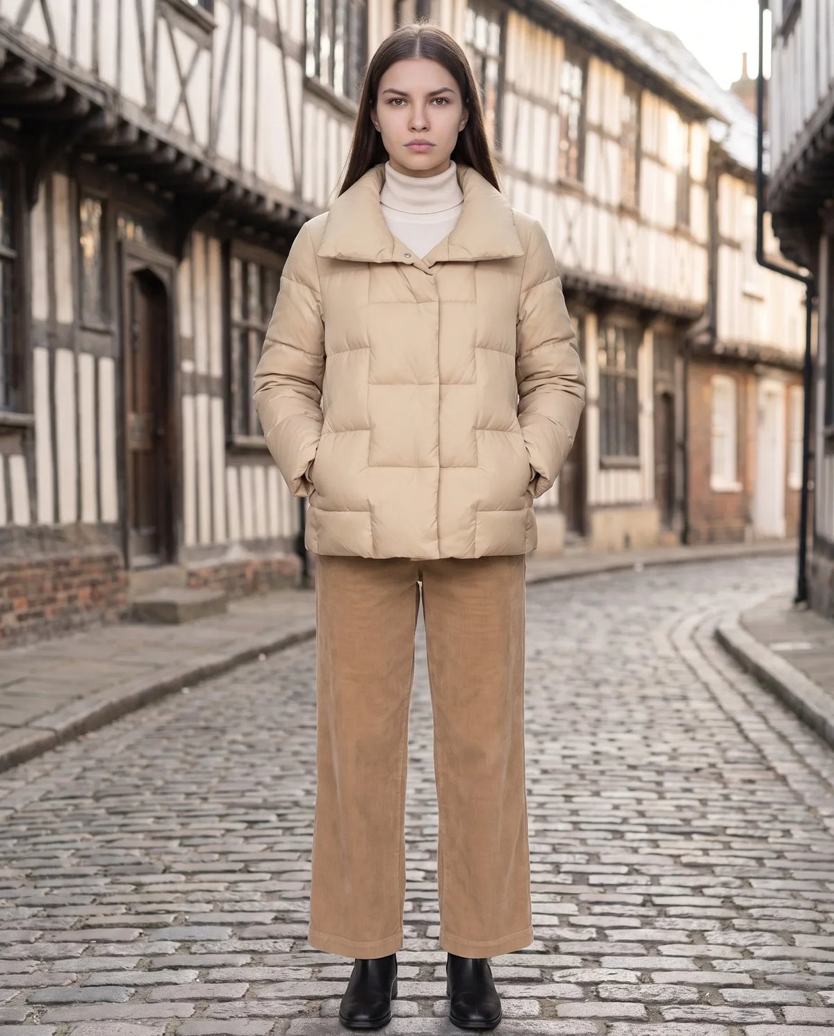 Short Puffer Jacket with Large Collar and Box Quilting