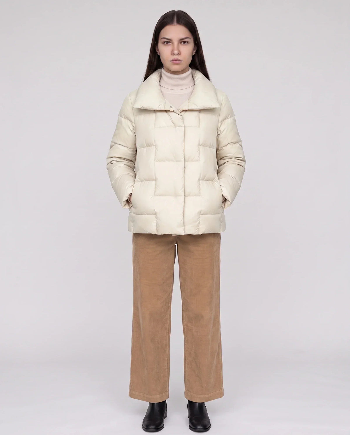Short Puffer Jacket with Large Collar and Box Quilting