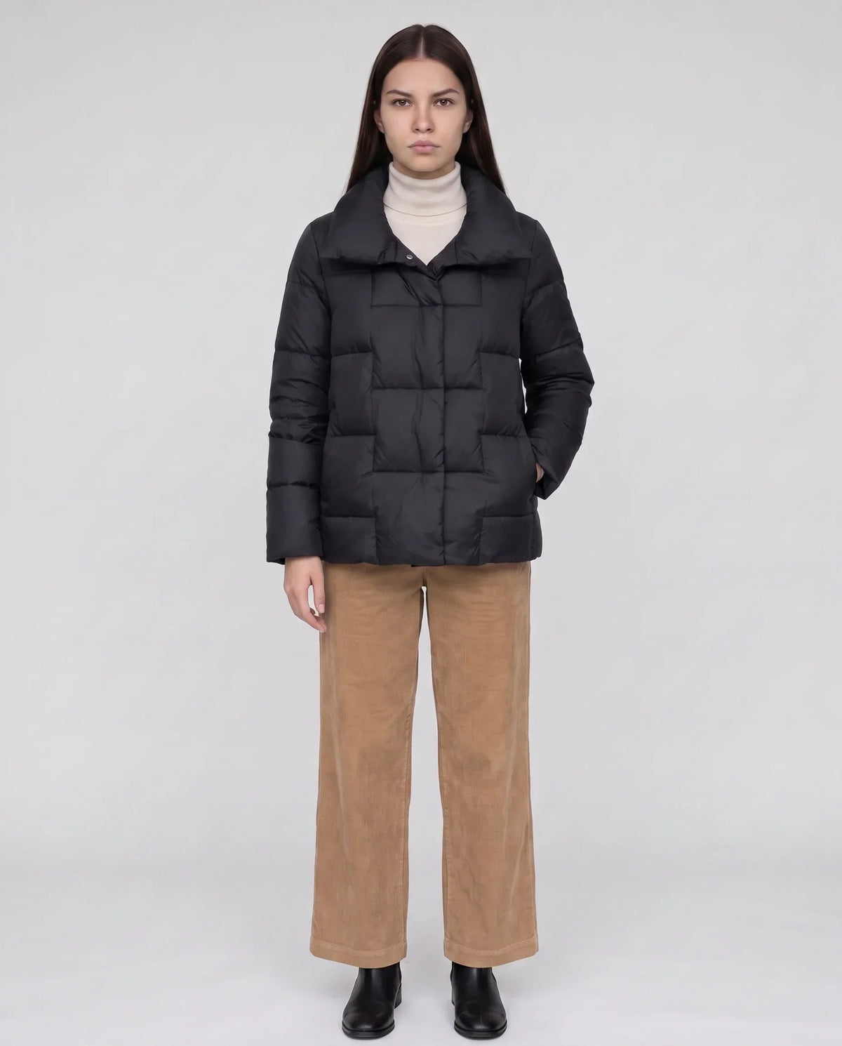 Short Puffer Jacket with Large Collar and Box Quilting