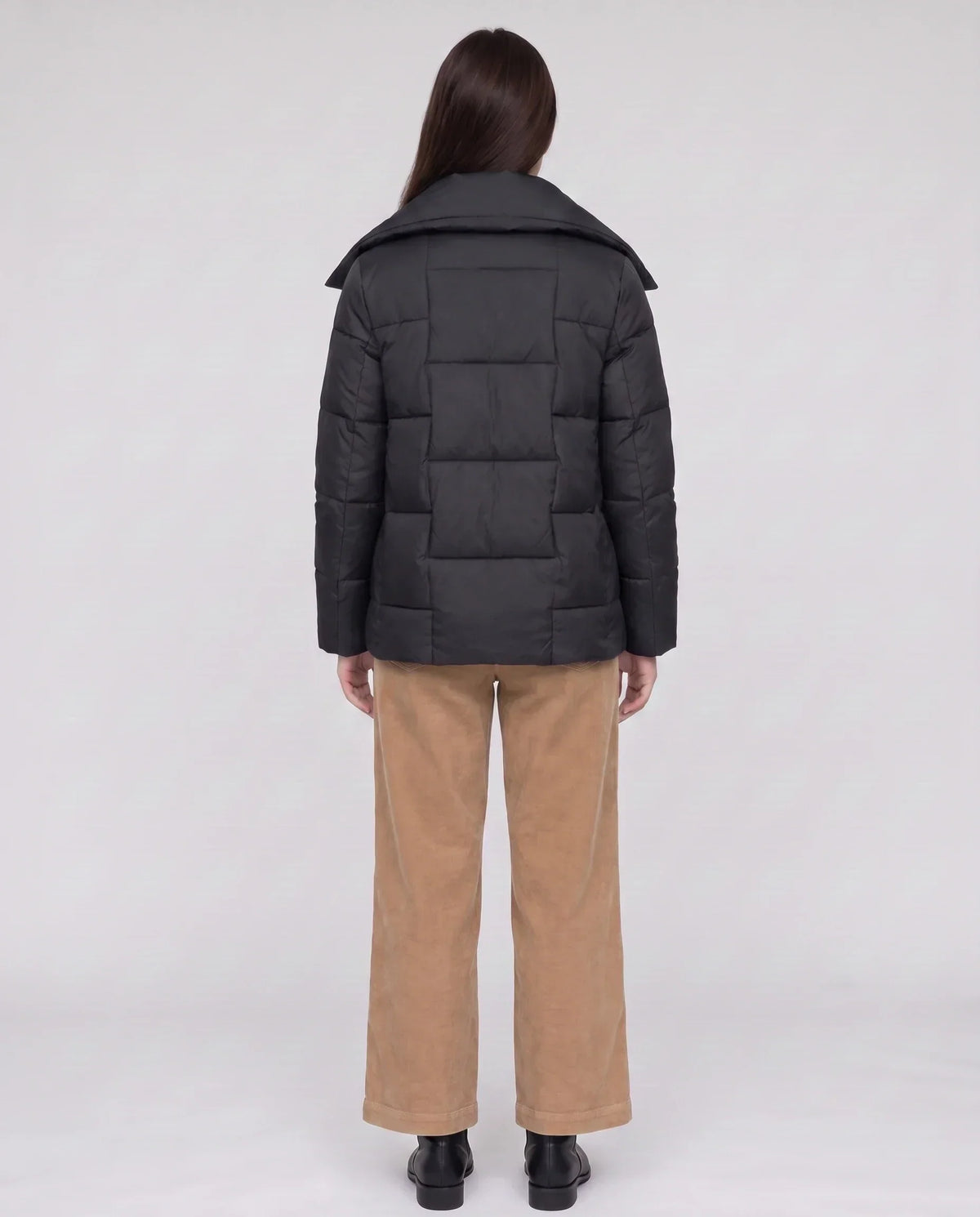 Short Puffer Jacket with Large Collar and Box Quilting