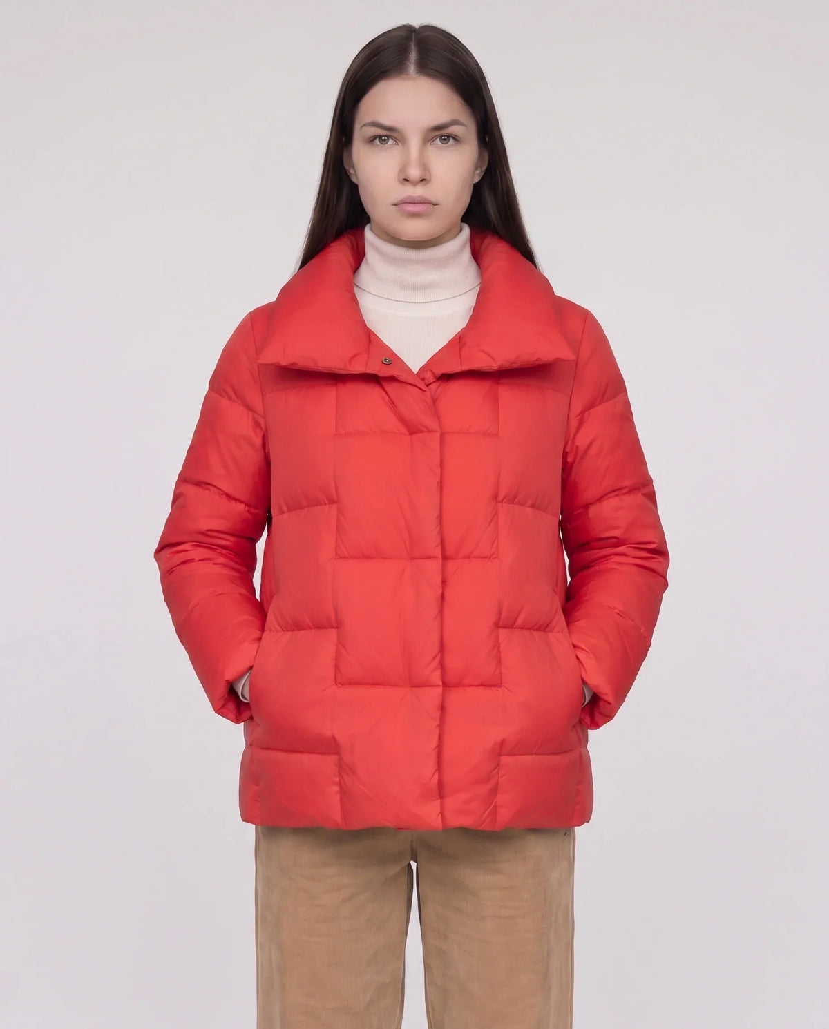 Short Puffer Jacket with Large Collar and Box Quilting