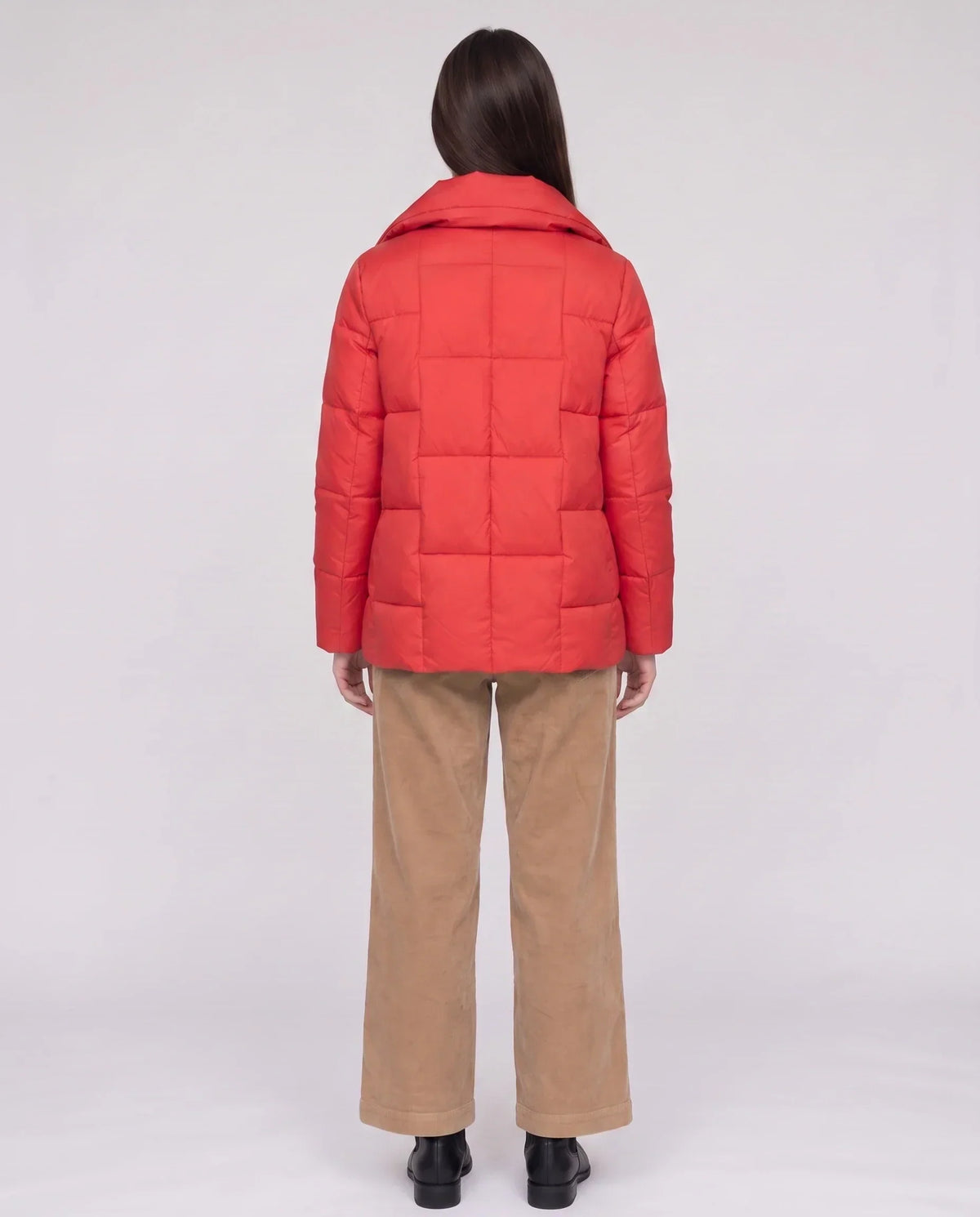 Short Puffer Jacket with Large Collar and Box Quilting