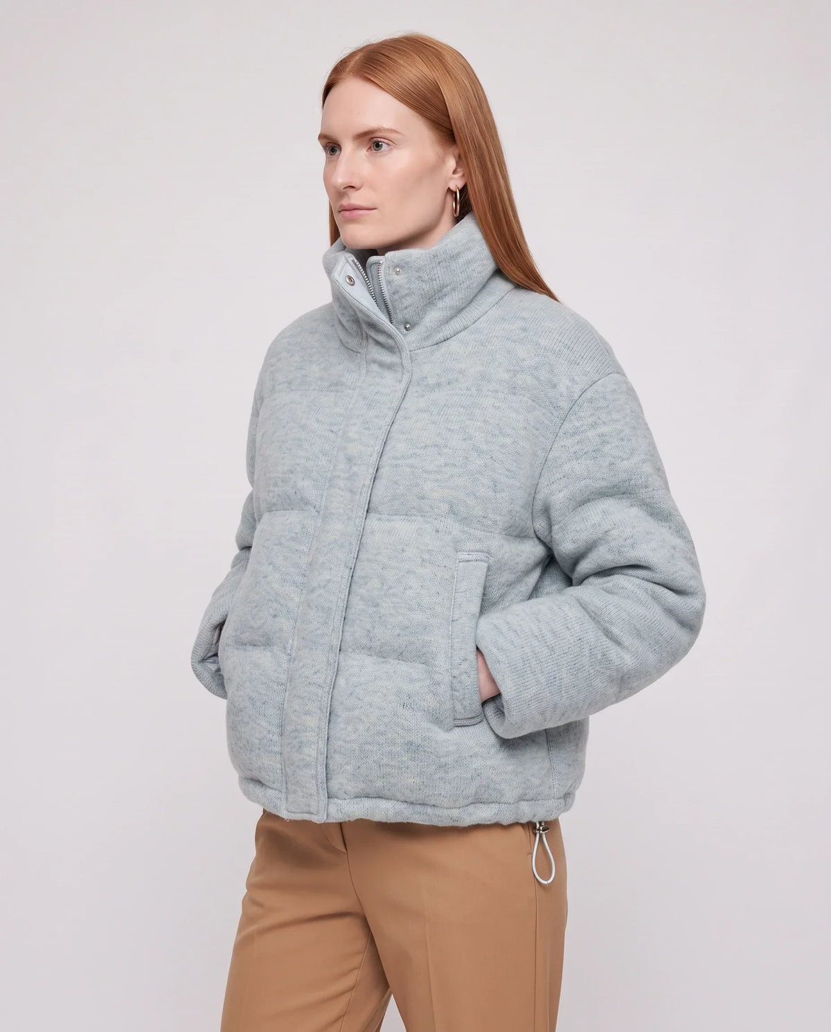 Short Knit Puffer Jacket with Funnel Collar