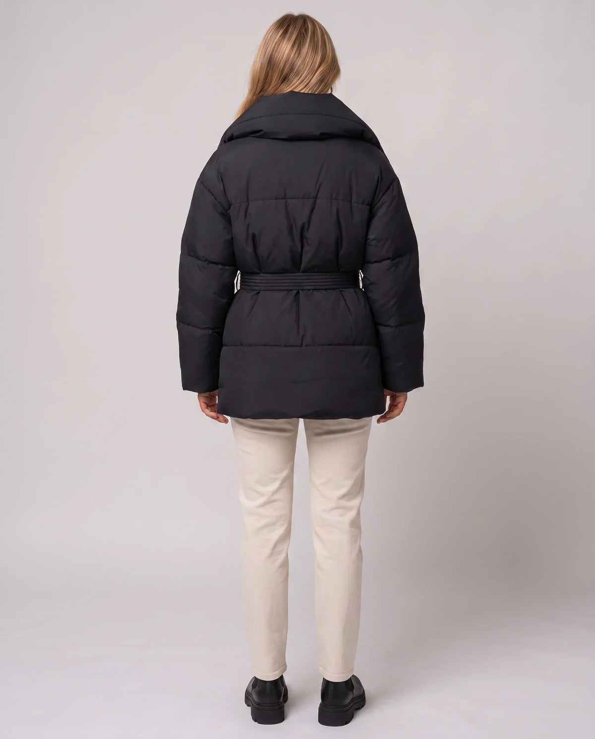 Oversized Mid-Thigh Puffer Jacket with Shawl Collar and Belt