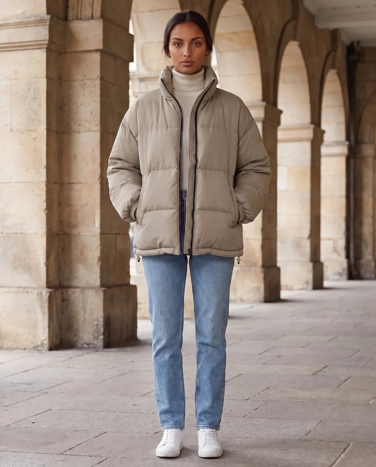 Short Oversized Puffer Jacket with Contrast Zip