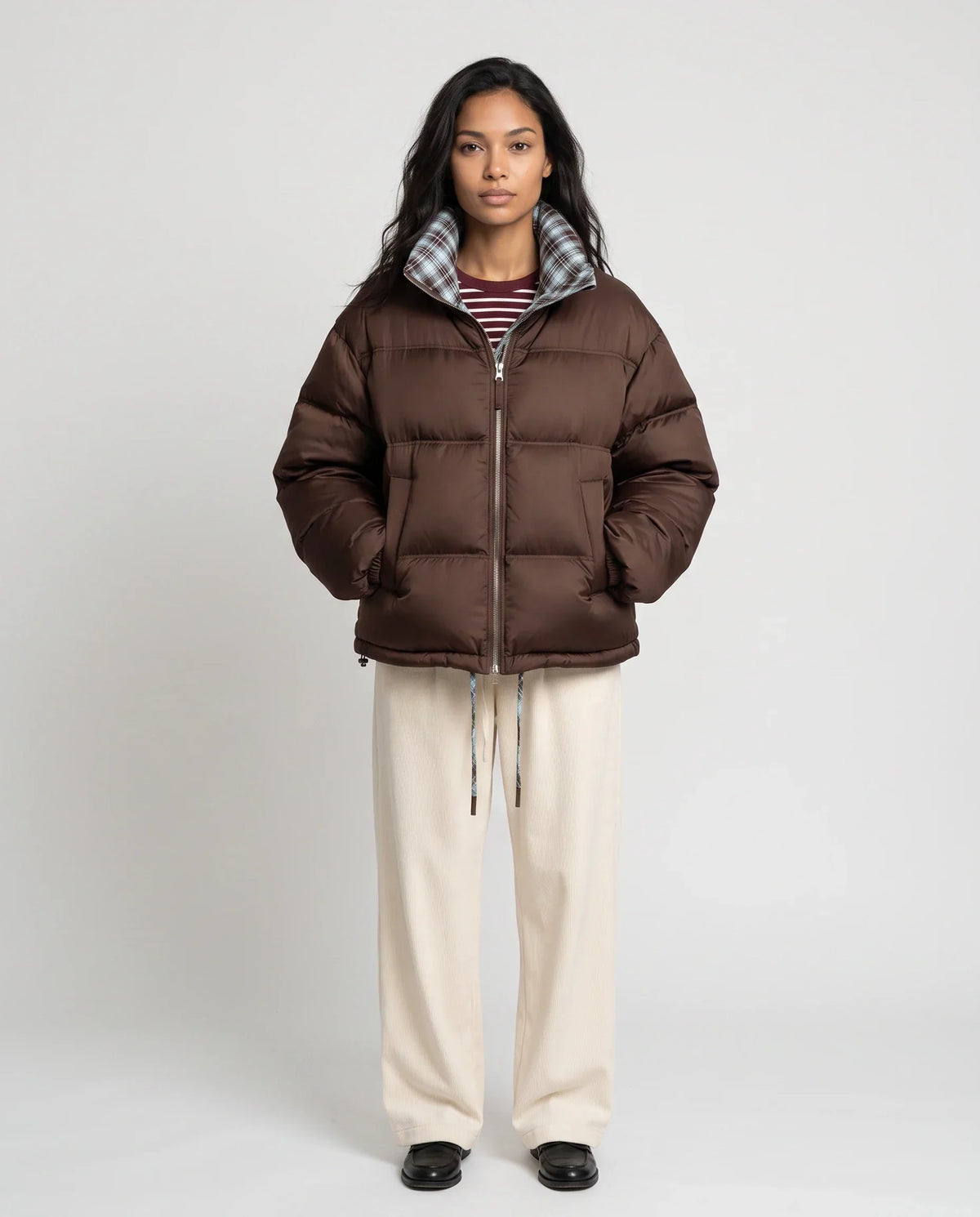 Short Reversible Puffer Jacket in Chocolate and Tartan