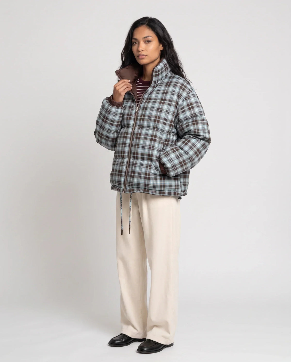Short Reversible Puffer Jacket in Chocolate and Tartan