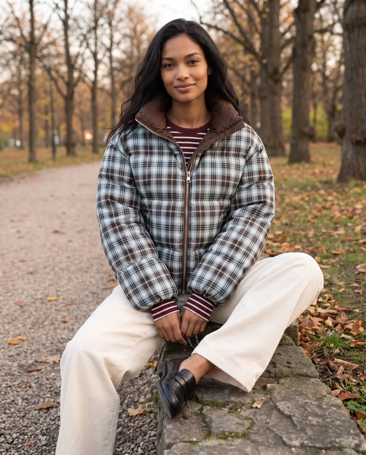 Short Reversible Puffer Jacket in Chocolate and Tartan