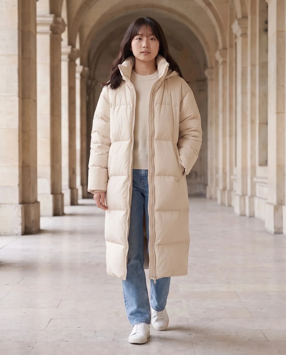 Extra-Long Puffer Jacket with Detachable Hood