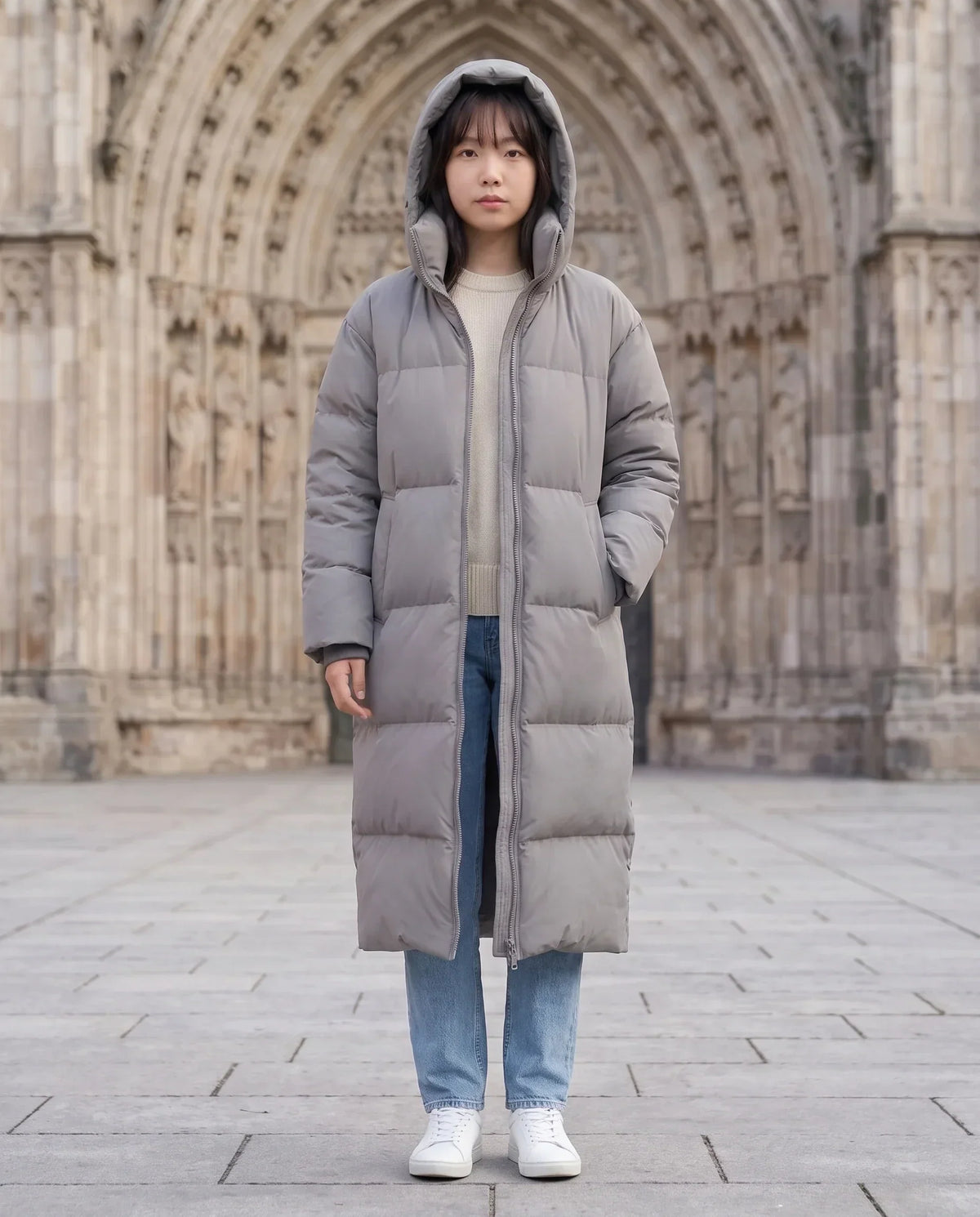 Extra-Long Puffer Jacket with Detachable Hood