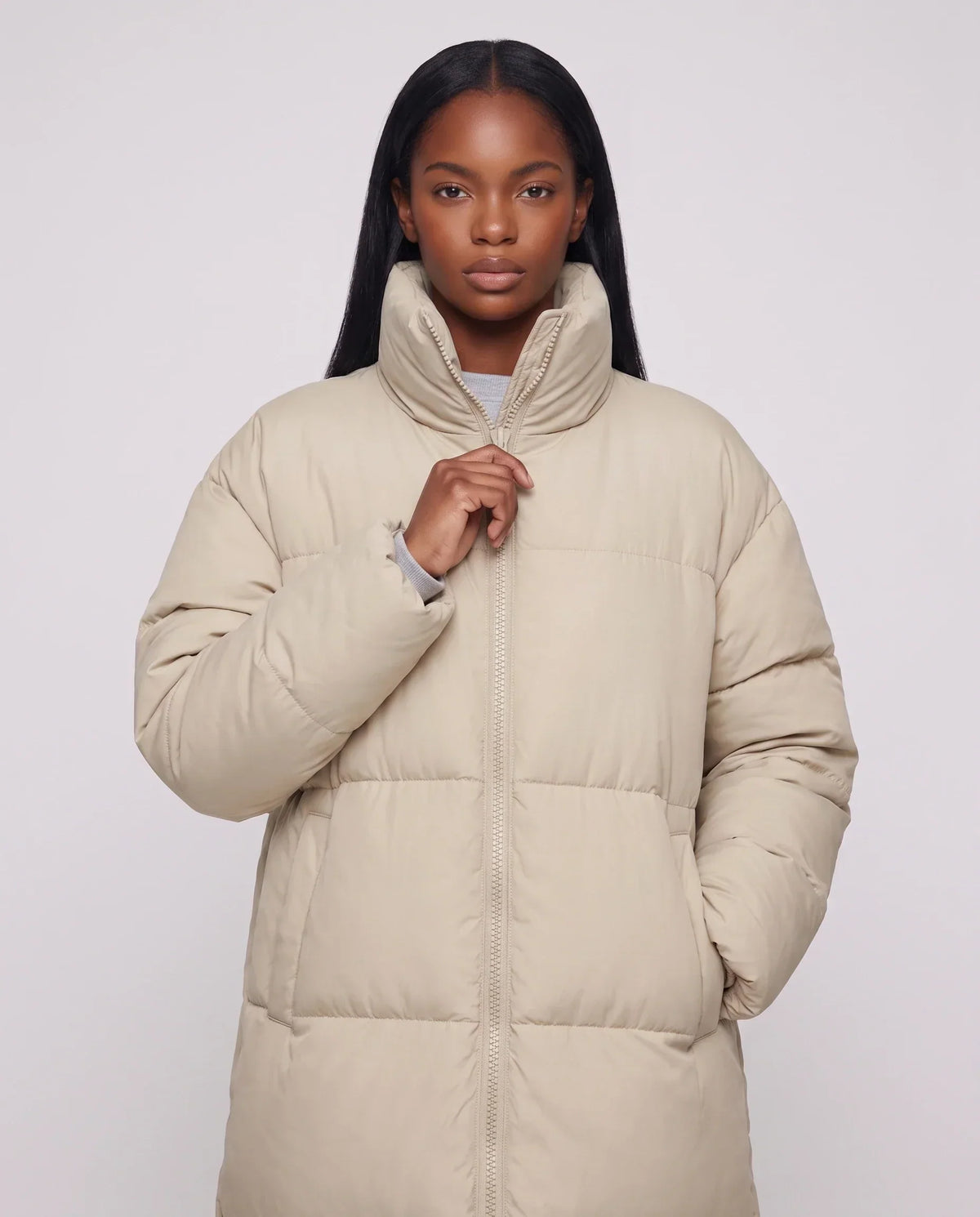 Extra-Long Boxy Puffer Jacket with Funnel Collar and Double Zip