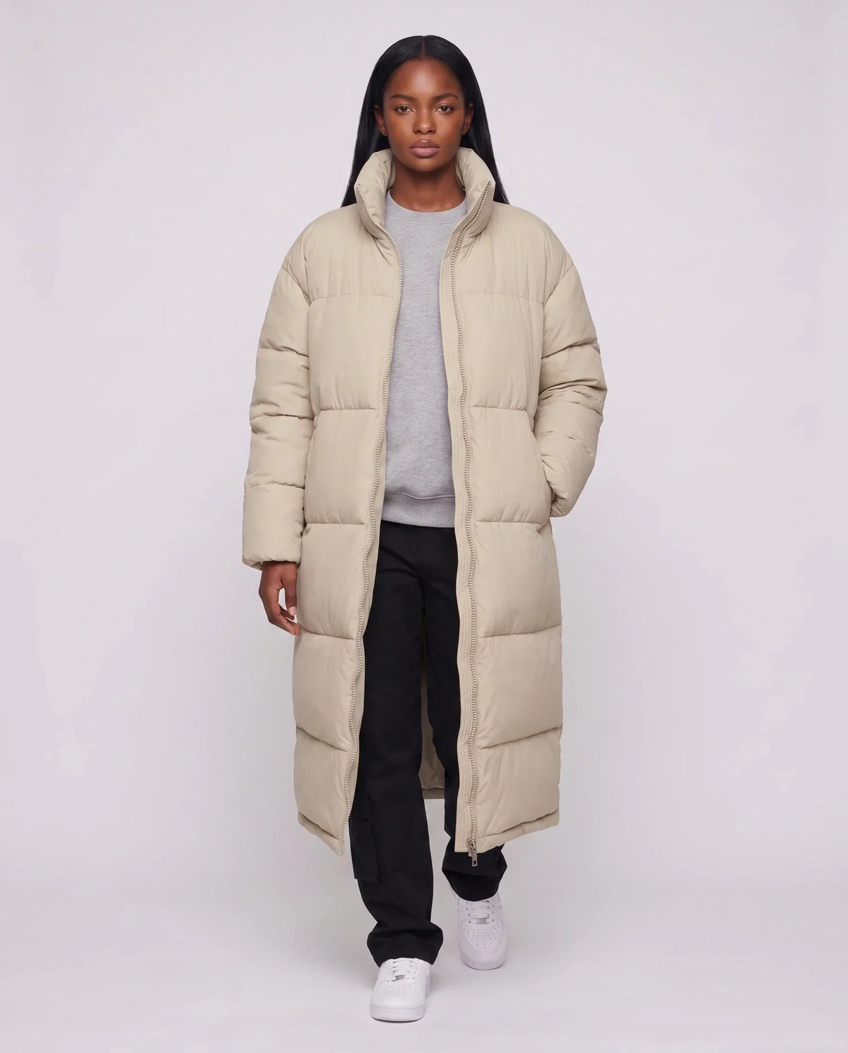 Extra-Long Boxy Puffer Jacket with Funnel Collar and Double Zip