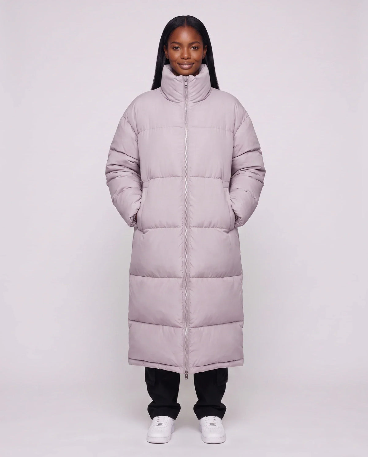 Extra-Long Boxy Puffer Jacket with Funnel Collar and Double Zip
