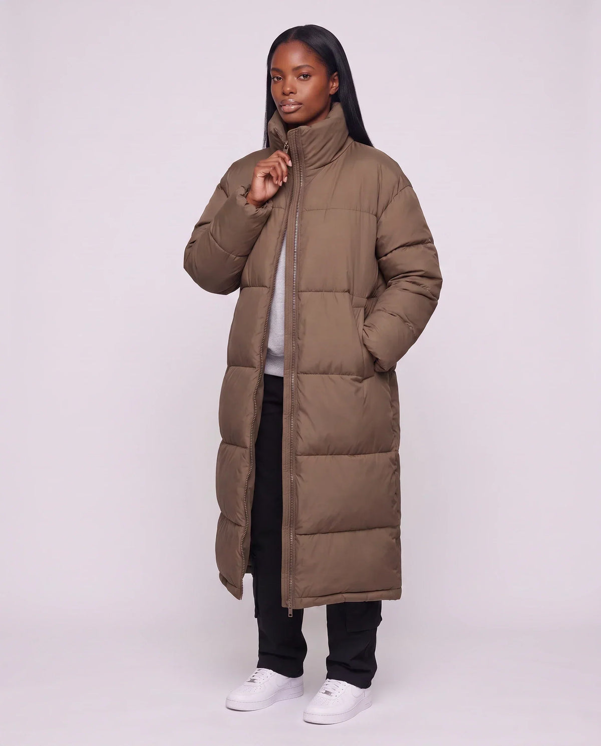 Extra-Long Boxy Puffer Jacket with Funnel Collar and Double Zip