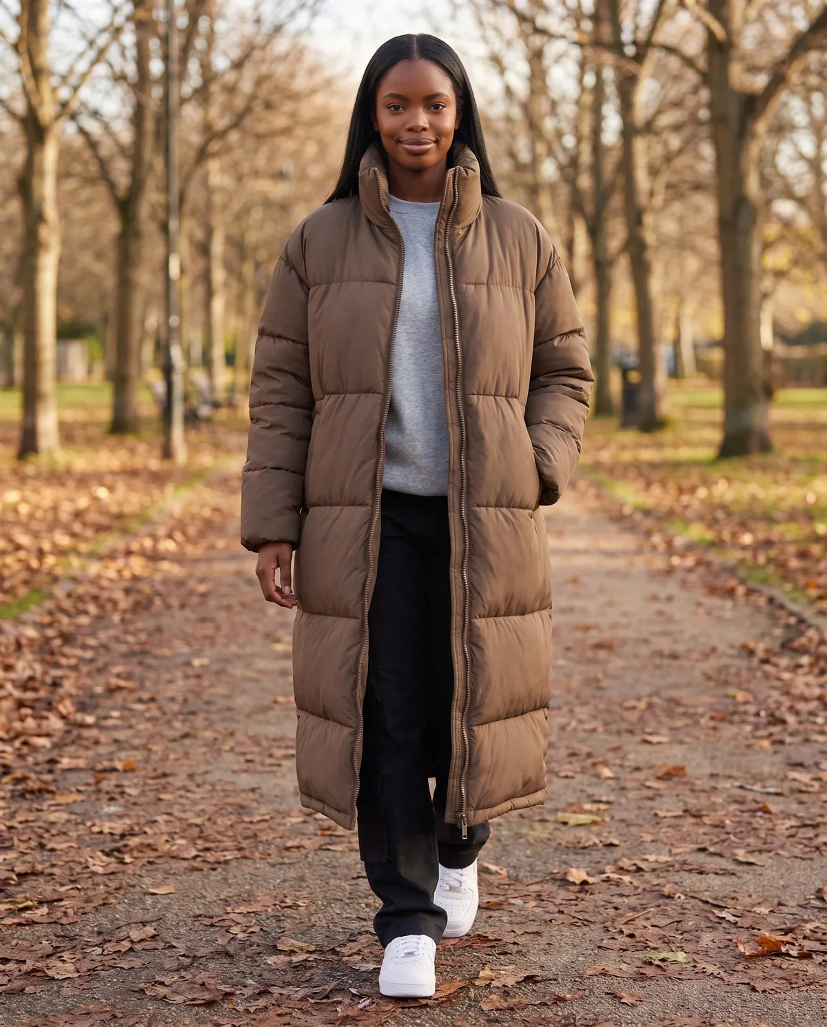 Extra-Long Boxy Puffer Jacket with Funnel Collar and Double Zip