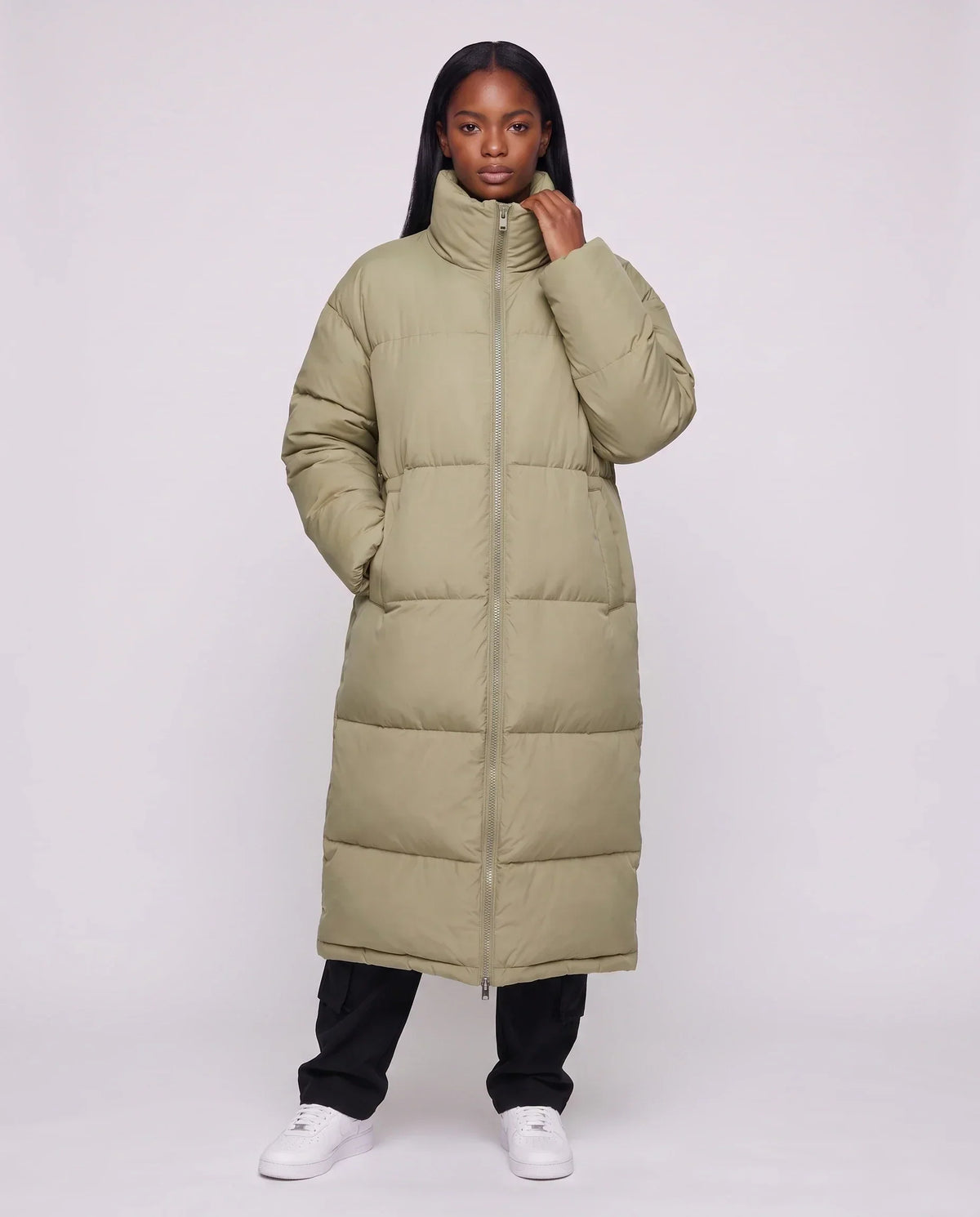 Extra-Long Boxy Puffer Jacket with Funnel Collar and Double Zip