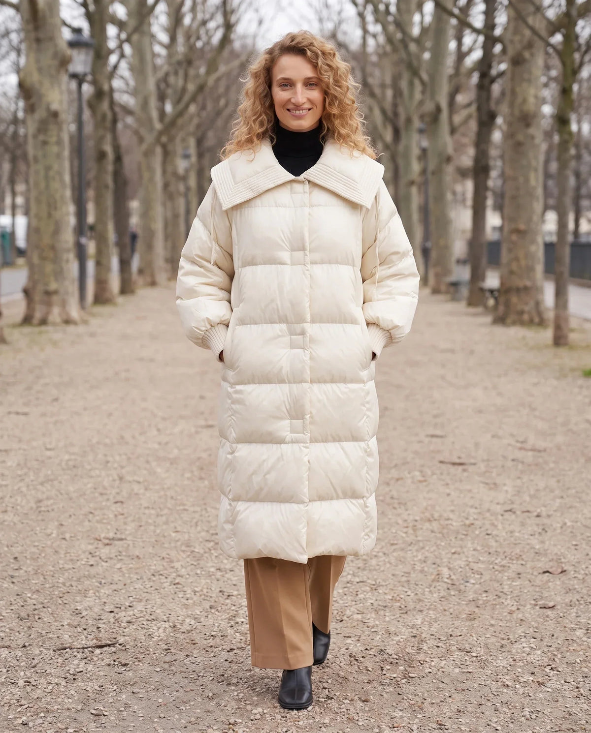 Extra-Long Puffer Jacket with Large Square Collar